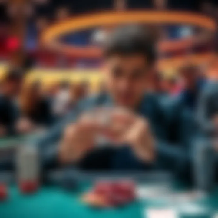 A skilled poker player reveals winning hands at a table, showcasing excitement among spectators.