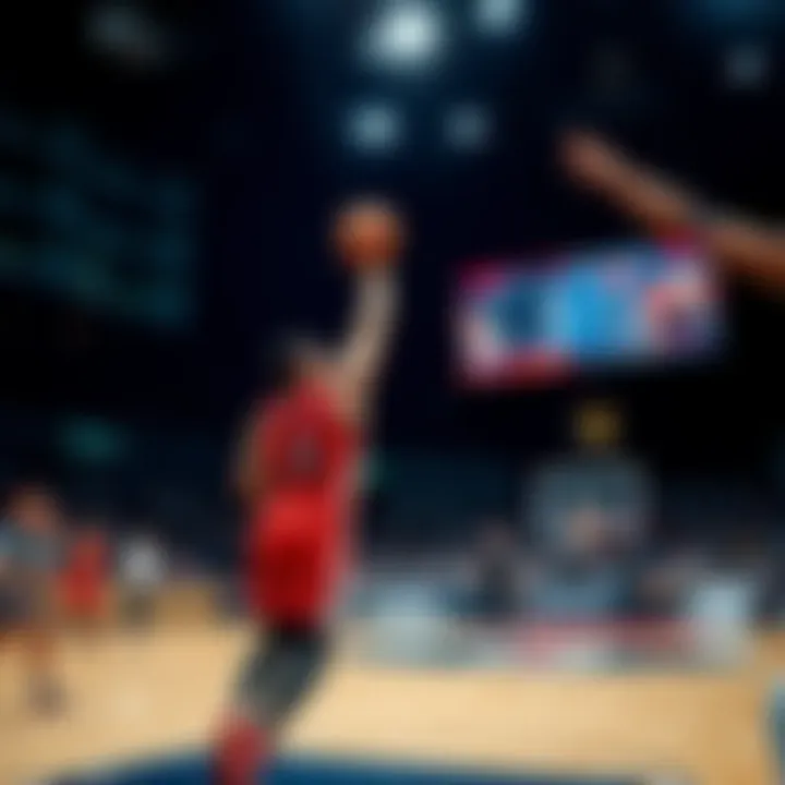 A basketball player shooting a three-pointer during a game, with a scoreboard in the background showing the lead in three-point shots.