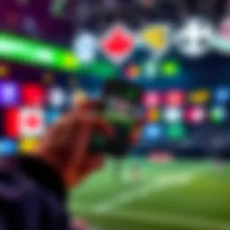 A person using a smartphone to place sports bets on a betting app, with sports logos in the background.