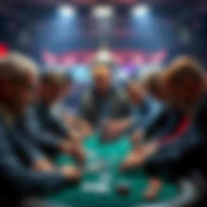 A group of top poker players gathered around a table playing cards with intense focus.