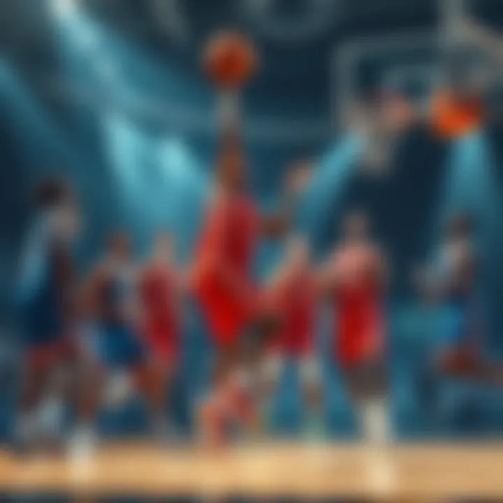 A group of basketball players showcasing their skills on the court, with one player scoring a basket while others look on.