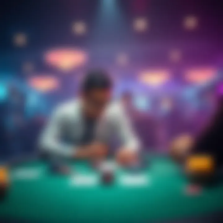 A poker table scene showing a player contemplating a decision with a top set hand on a flush board.