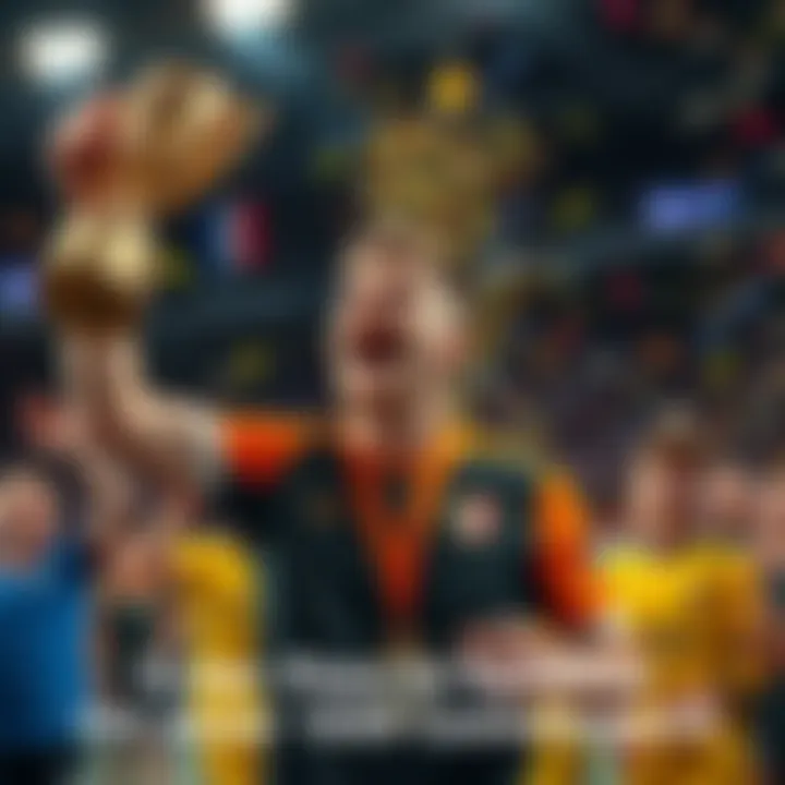 A player celebrating victory after winning a tournament with many participants, holding a trophy and smiling widely.