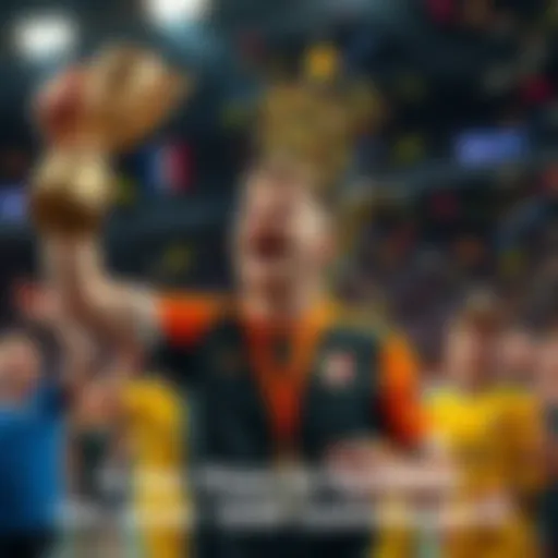 Tournament Champion Celebration A player celebrating victory after winning a tournament with many participants, holding a trophy and smiling widely.