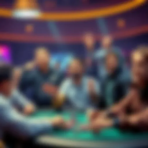 A group of players eagerly awaiting the results of the $1500 Freezeout Tournament draw with expressions of anticipation and excitement.