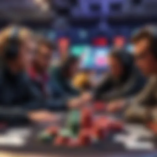A group of gamers focused on a tournament, with chips and cards on the table, showing intense concentration and excitement.