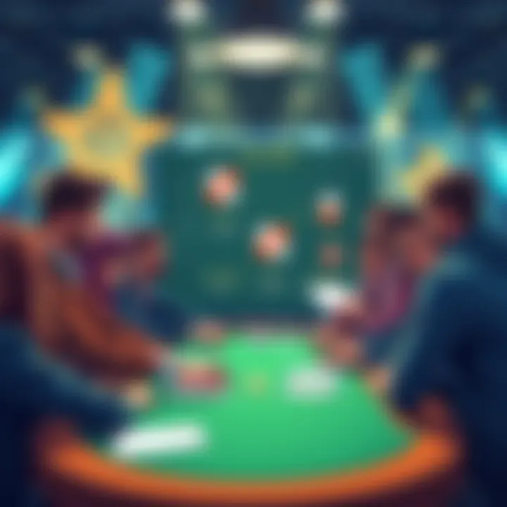 Illustration of participants discussing payout details after a tournament ends, with charts showing the ICM model.