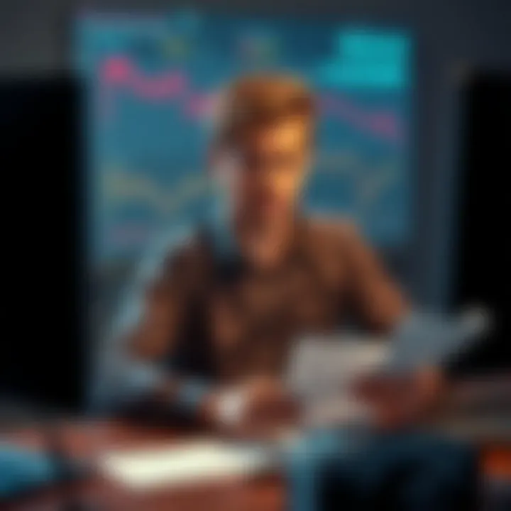 A young man sitting at his desk, looking stressed with bills and a computer screen showing cryptocurrency losses, reflecting on his troubled finances and personal struggles.