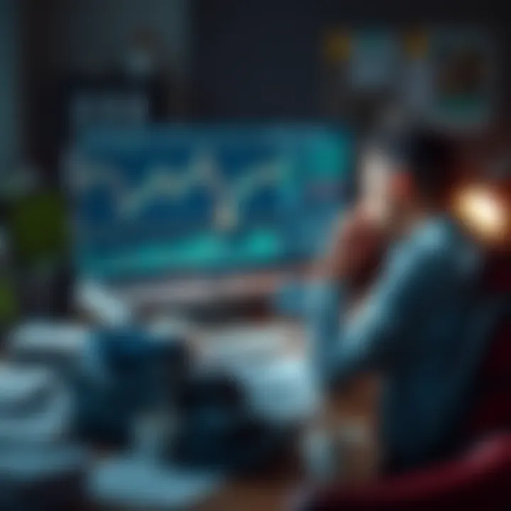 A person sits at a desk with a distressed expression, staring at a computer screen displaying stock market graphs and loss figures. Papers and coffee cups are scattered around, suggesting a long day o...