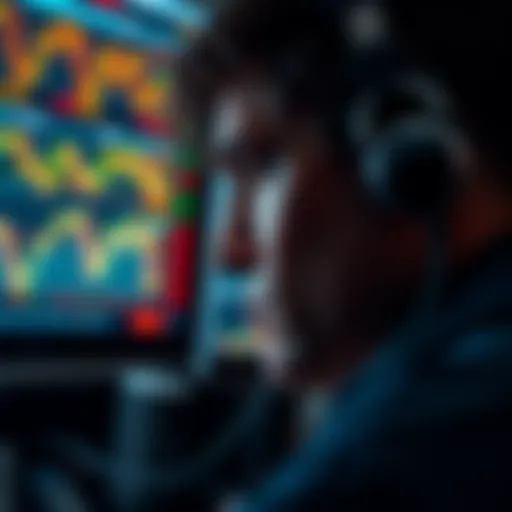 A trader stares intensely at multiple market graphs on a screen, reflecting thoughts on addiction and losses in options trading.
