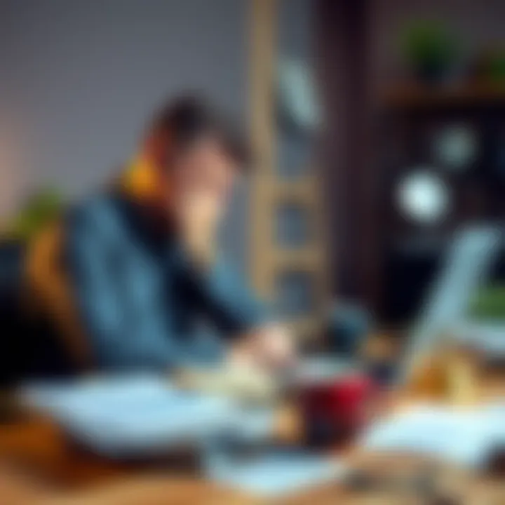A man sitting at a desk with a laptop, looking worried as he reviews his trading account showing significant losses. Papers and coffee mug scattered around him.