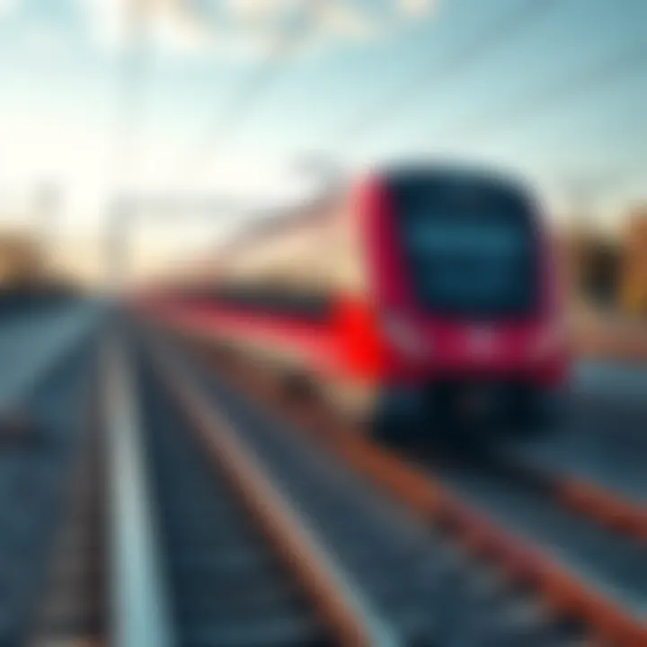 A modern train traveling on railway tracks under a clear sky