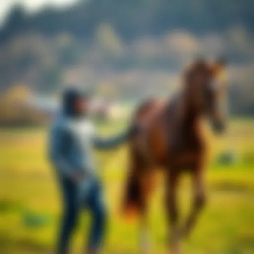 A horse trainer guides a racehorse during a training session in an open field, showcasing the bond between them.