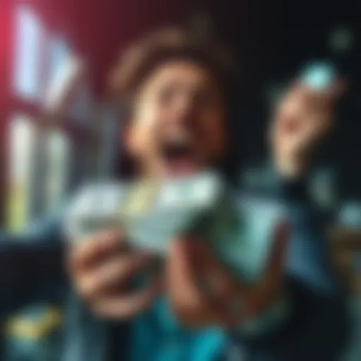 A person holding a stack of cash with excited expressions representing success in turning $200 into more.