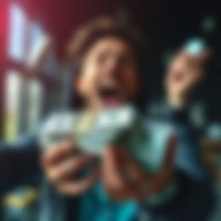 A person holding a stack of cash with excited expressions representing success in turning $200 into more.