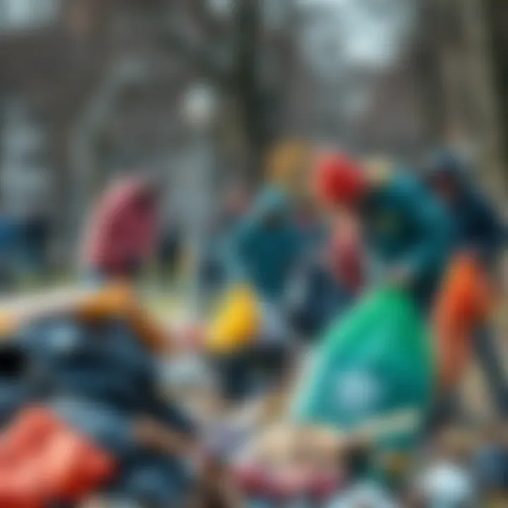 Volunteers participating in a community trash cleanup event, collecting litter from a park area.