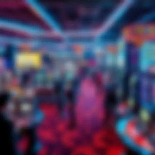 A modern casino floor with people playing various slot machines and table games, showcasing the latest technology and vibrant atmosphere.