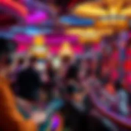 A vibrant casino scene with people playing games and using online platforms on their devices