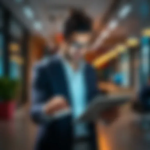 A businessman analyzing security technology trends on a tablet in an office setting.