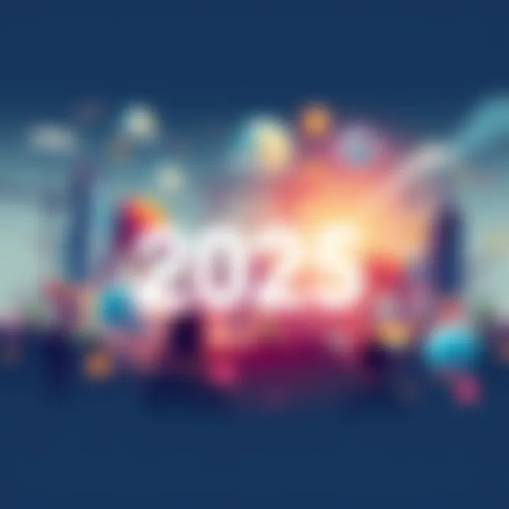 An illustration showing various trends expected in 2025 such as technology, sustainability, and social changes.