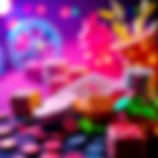 A visual representation of new gambling trends with vibrant graphics and symbols related to luck and chance, like dice and cards.