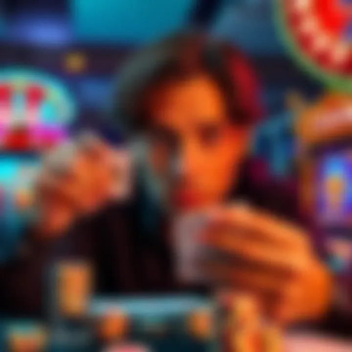 A person examining various gambling games like cards and slots with a focused expression