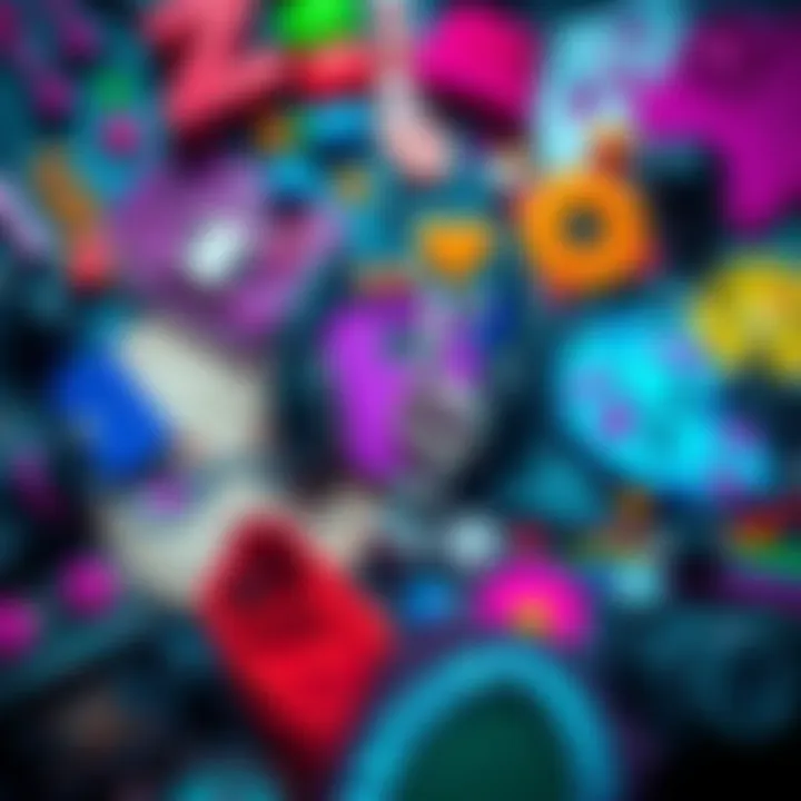 A vibrant collage of current pop culture trends including music notes, fashionable clothing items, and colorful graphic designs.