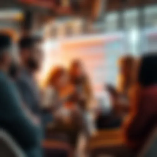 A diverse group of people discussing future trends and technology in a modern setting with digital devices and charts.