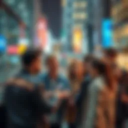 A group of diverse people discussing trends and their impact on behavior in a modern urban setting