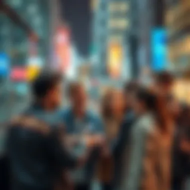 A group of diverse people discussing trends and their impact on behavior in a modern urban setting