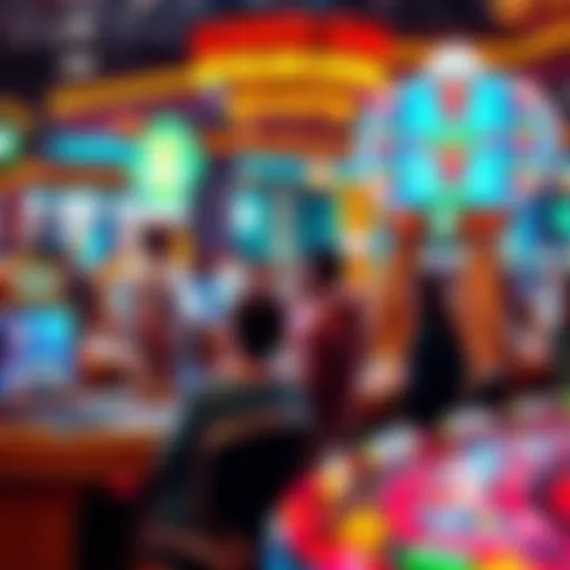 A vibrant casino scene showing people playing new games with advanced technology in 2026.