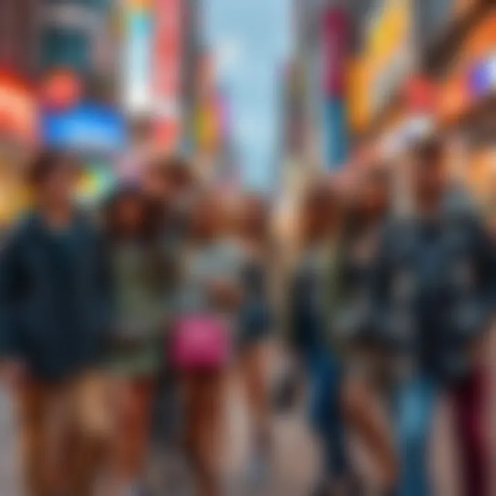 A group of young people wearing stylish outfits and enjoying the latest fashion trends in a vibrant city setting