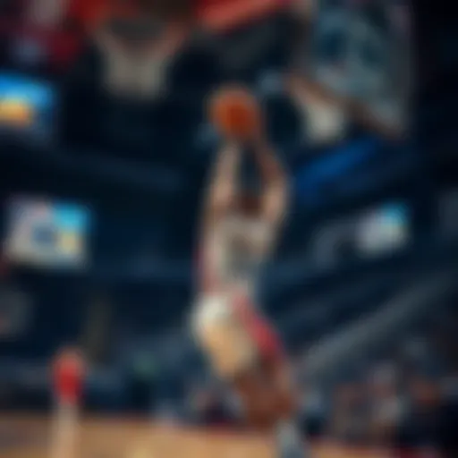 A basketball player making a three-point shot during a game, with fans cheering in the background.