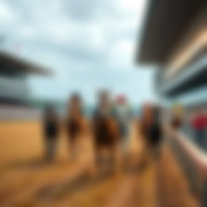 A group of thoroughbred horses racing on the track during a Triple Crown event, with spectators watching from the stands.