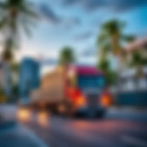 A truck parked on a Miami street with palm trees and city buildings in the background