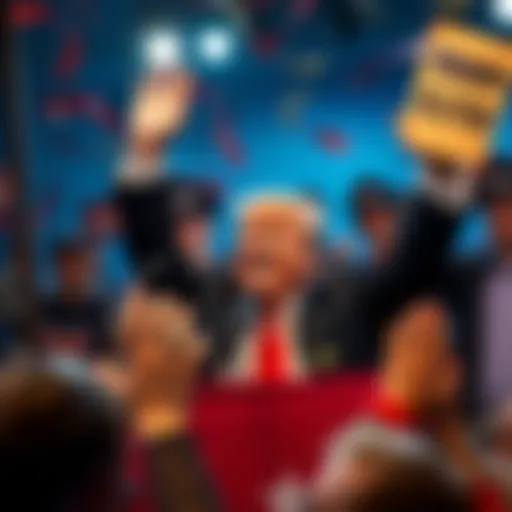 Donald Trump smiling and celebrating his victory in the 2025 Presidential Election, surrounded by supporters with banners and signs