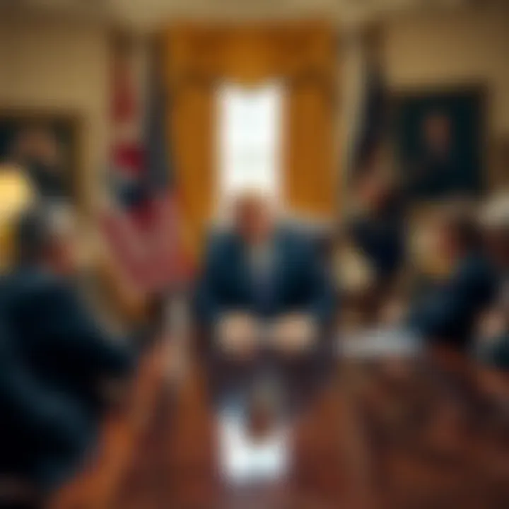 Donald Trump seated at the Resolute Desk in the Oval Office, discussing policies with advisors