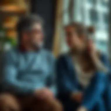 Two people in deep conversation A man and a woman sitting together, discussing their feelings about trust and doubt in a relationship, looking thoughtful and engaged.