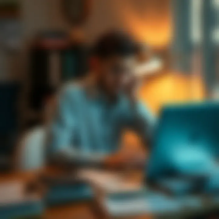 A concerned Turkish student sitting at a desk looking frustrated with a laptop open and papers scattered, symbolizing financial issues with ACR.