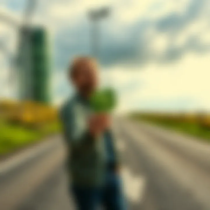A person standing at a fork in the road, looking hopeful while holding a four-leaf clover, symbolizing a change in luck despite ongoing financial struggles.