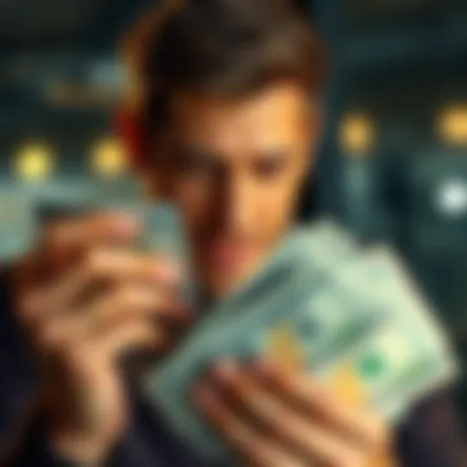 A person counting $100 bills with a hopeful expression, focused on a financial goal