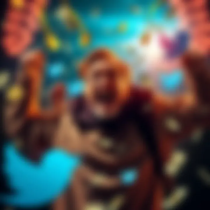 A man celebrating success on Twitter, showing excitement and happiness with money symbols around him