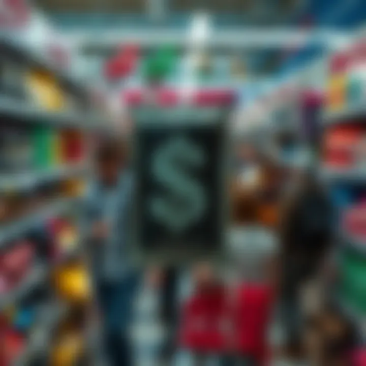 A close-up of a stylish two dollar product that attracts attention in a store aisle, surrounded by eager shoppers.