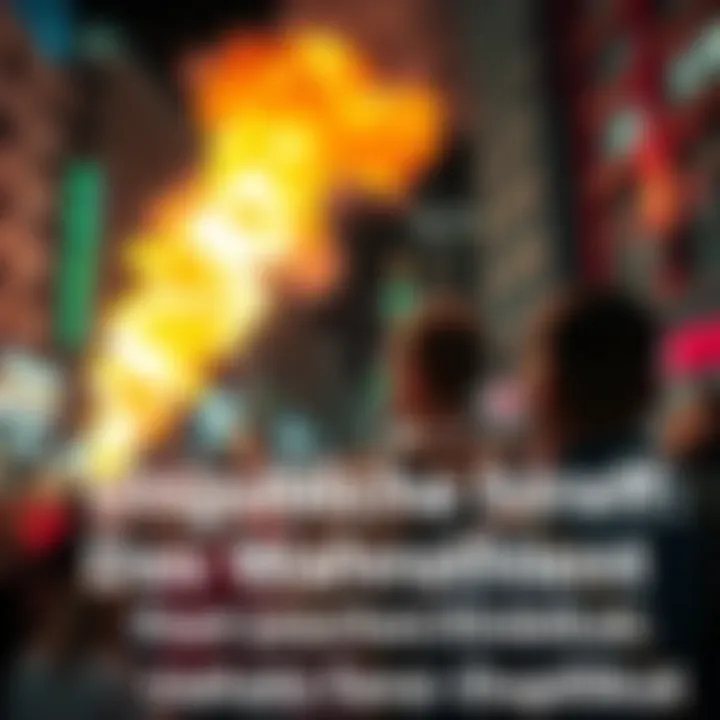 A crowd of amazed people reacting to two surprising events happening one after another in a lively city setting.