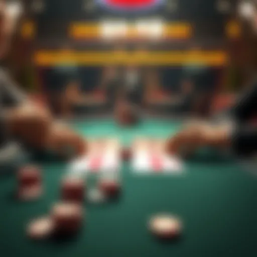A poker table showing two players. One player has a hand with two pairs: Tens and Sevens, while the other has two pairs: Aces and Threes. Chips are stacked on the table, and cards are face up, highlig...