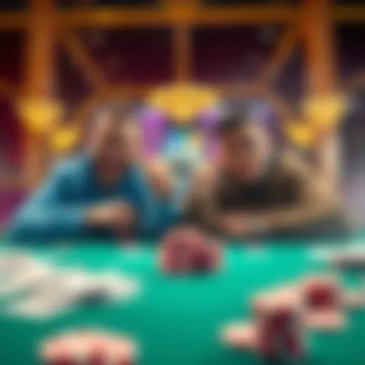 Two players celebrating after getting straight flush hands in a poker game, surrounded by playing cards and chips.