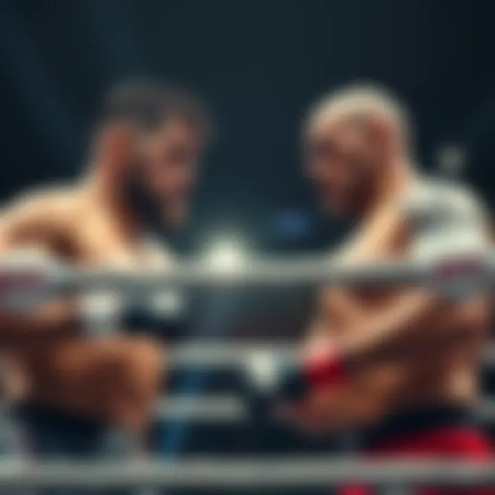 Two UFC fighters in a ring, one representing the underdog, showing determination and focus during a match.
