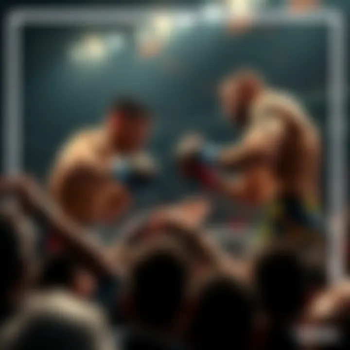 A dynamic scene of UFC fighters in action, showcasing intense competition and excitement. The focus is on two fighters engaged in a match, surrounded by an enthusiastic crowd.