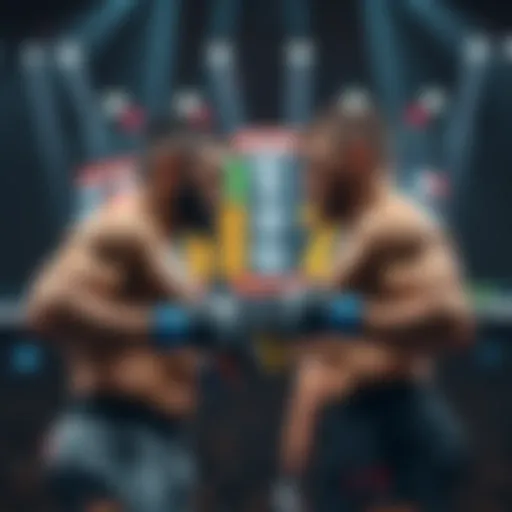 Two fighters preparing for a match with betting odds on screen in the background