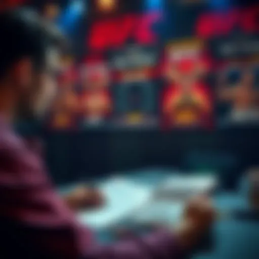 A person analyzing UFC fighters and planning bets for UFC 319, with notes and fight posters in the background.